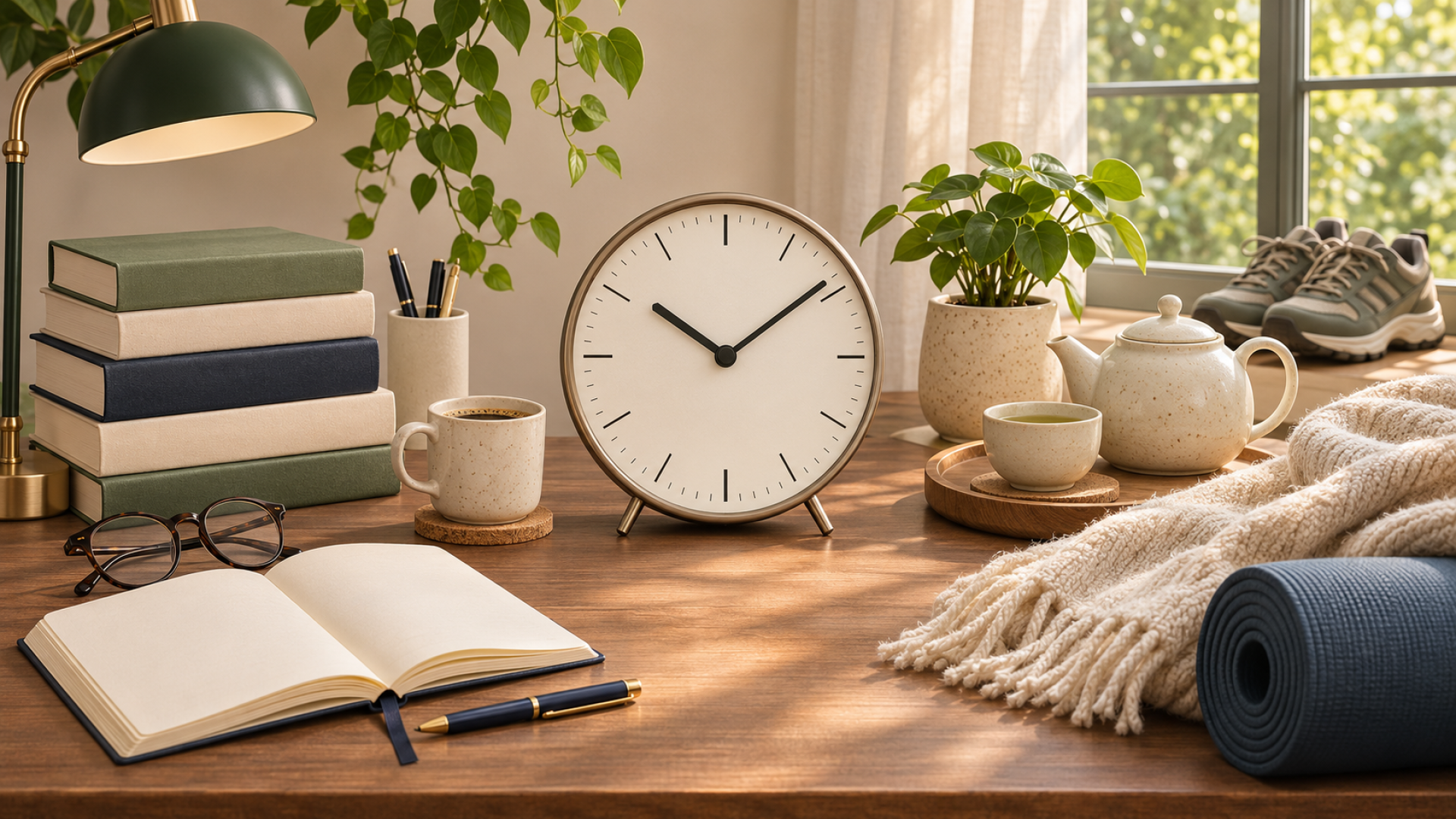 Calm desk scene with books, an open notebook, coffee, and a clock in the center, beside tea, a blanket, a yoga mat, and walking shoes by a sunny window.
