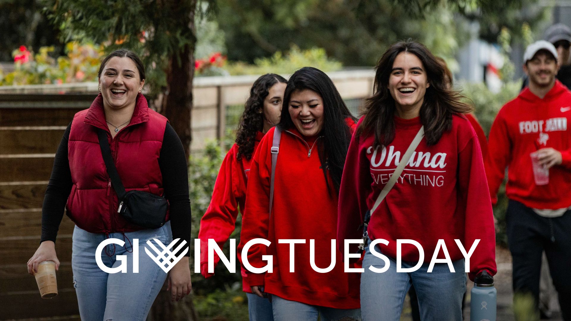 Pacific students walking, GivingTuesday logo