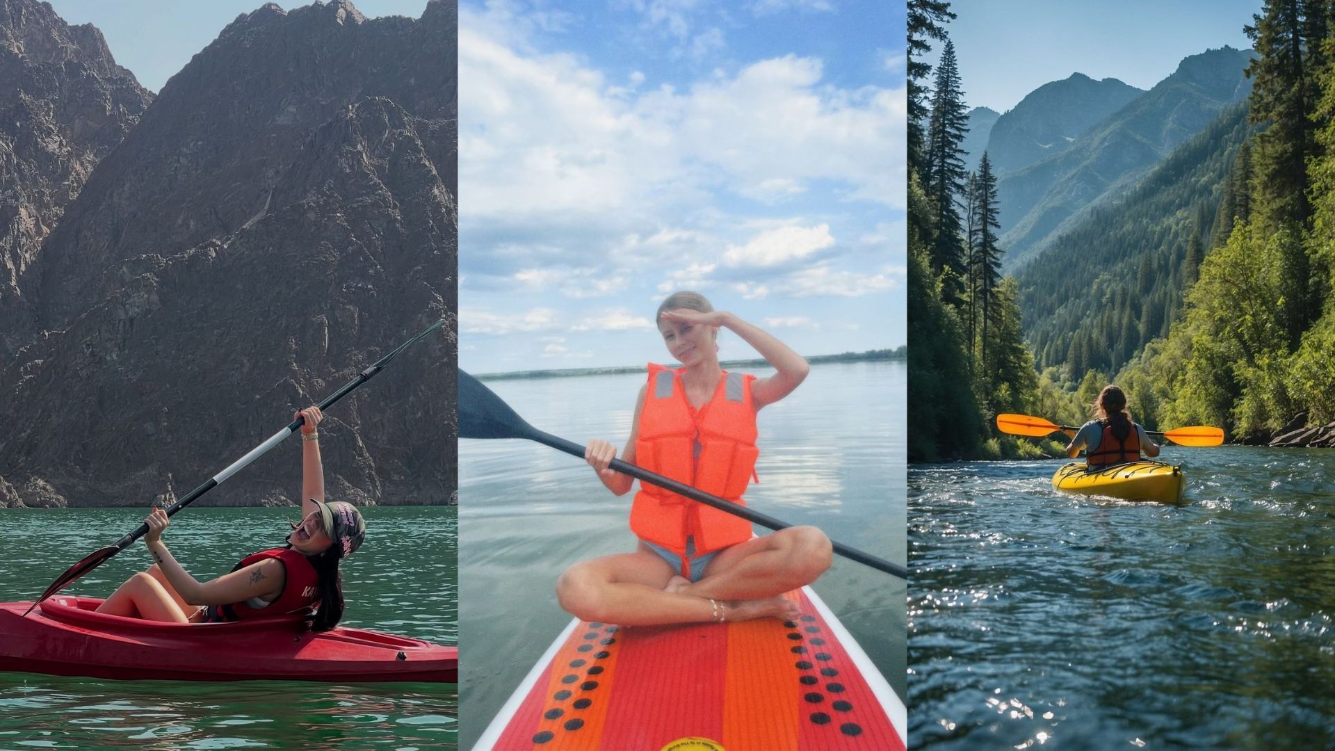 2 people kayaking and 1 person paddleboarding all with life vests on in various areas of the Pacific Northwest.
