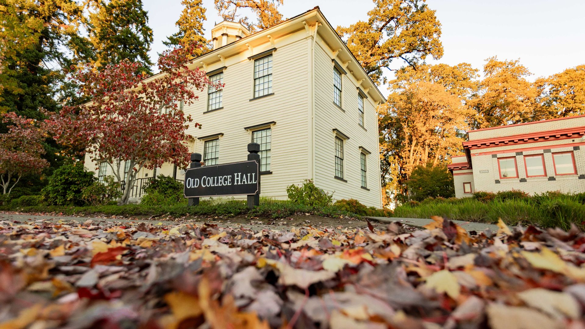 Photo of Old College hall taken by Kent J Edwards from the ground, there are fall leaves in the foreground and the sun is setting on the oak trees behind the building.