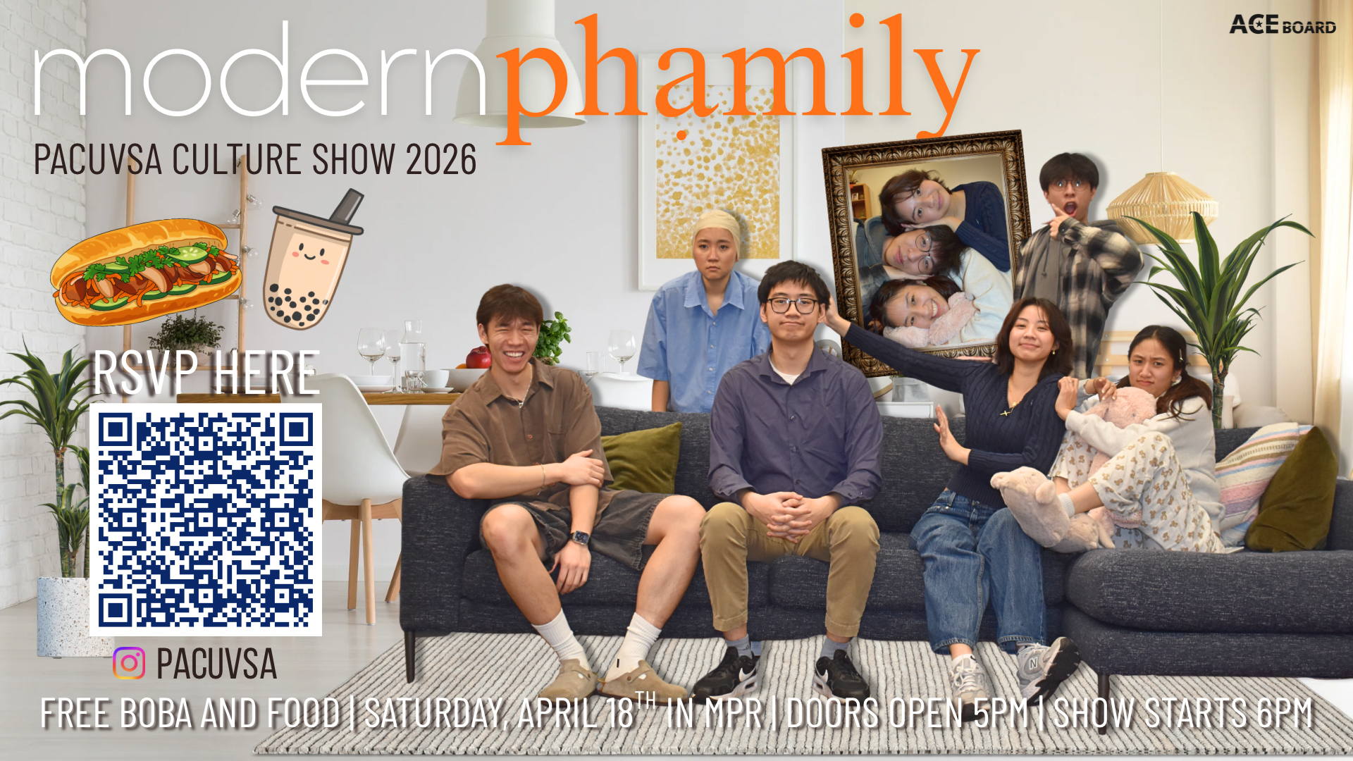 Image of students sitting in a living room with a RSVP QR code