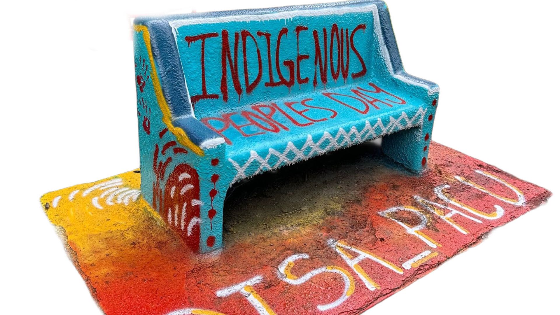 Spirit Bench on Pacific campus painted by ISA students for Indigenous People's Day.