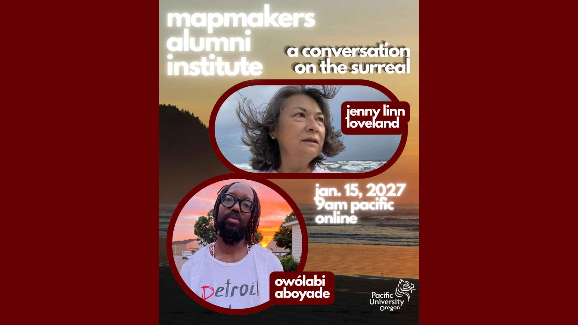 images of owolabi aboyade and jenny linn loveland over an image of a beach