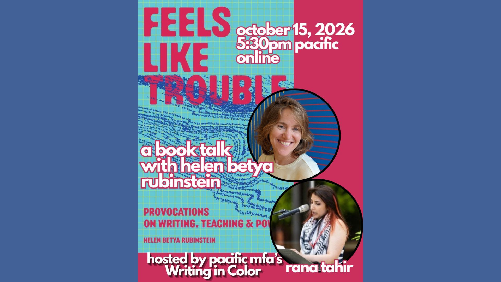 feels like trouble book talk flyer with helen beyta rubinstein and rana tahir