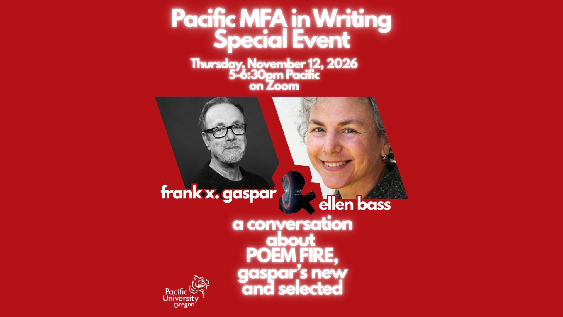 Images of Frank X. Gaspar and Ellen Bass Announcing the event