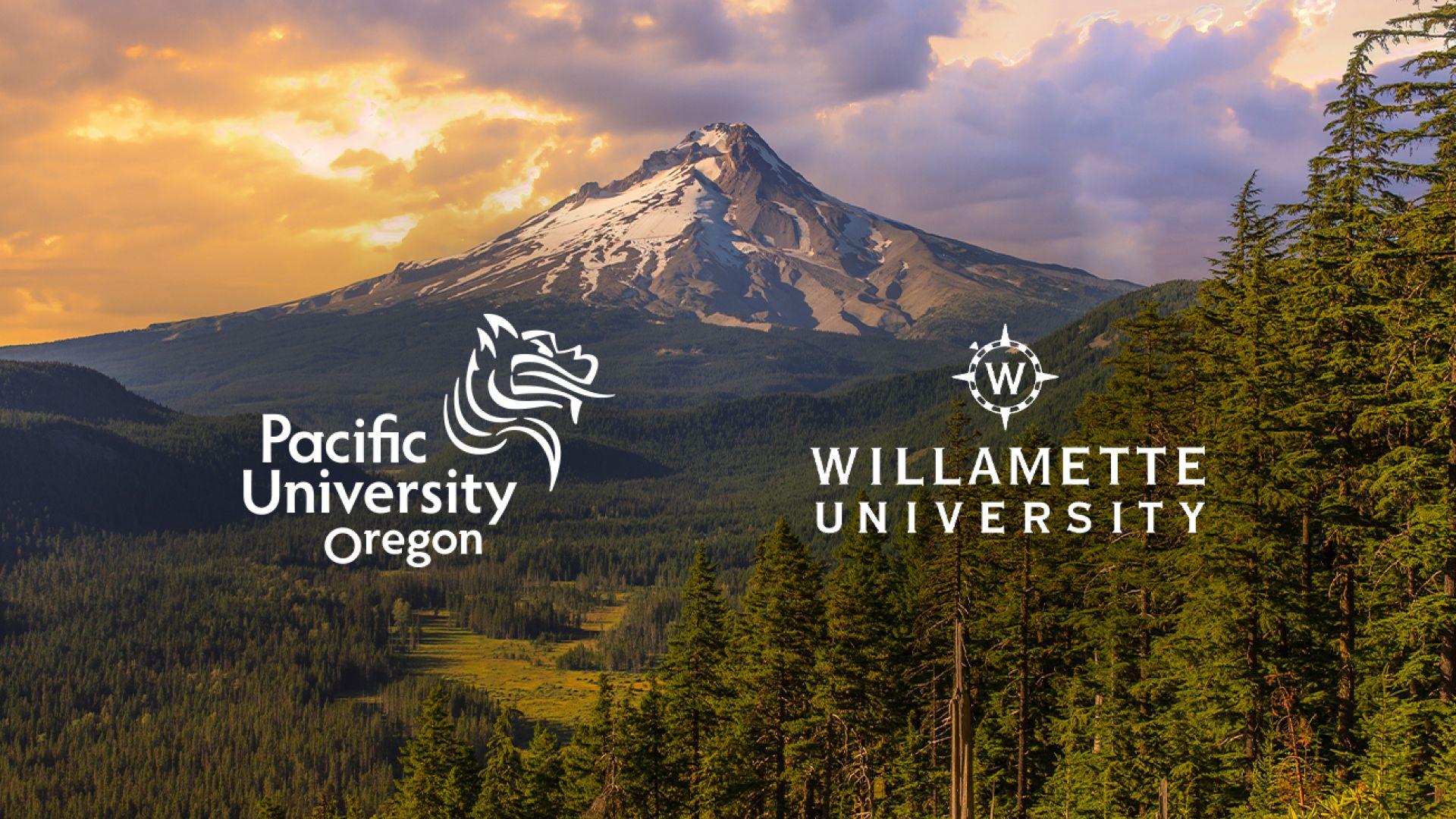 A photo of Mt. Hood with Pacific University and Willamette University logos